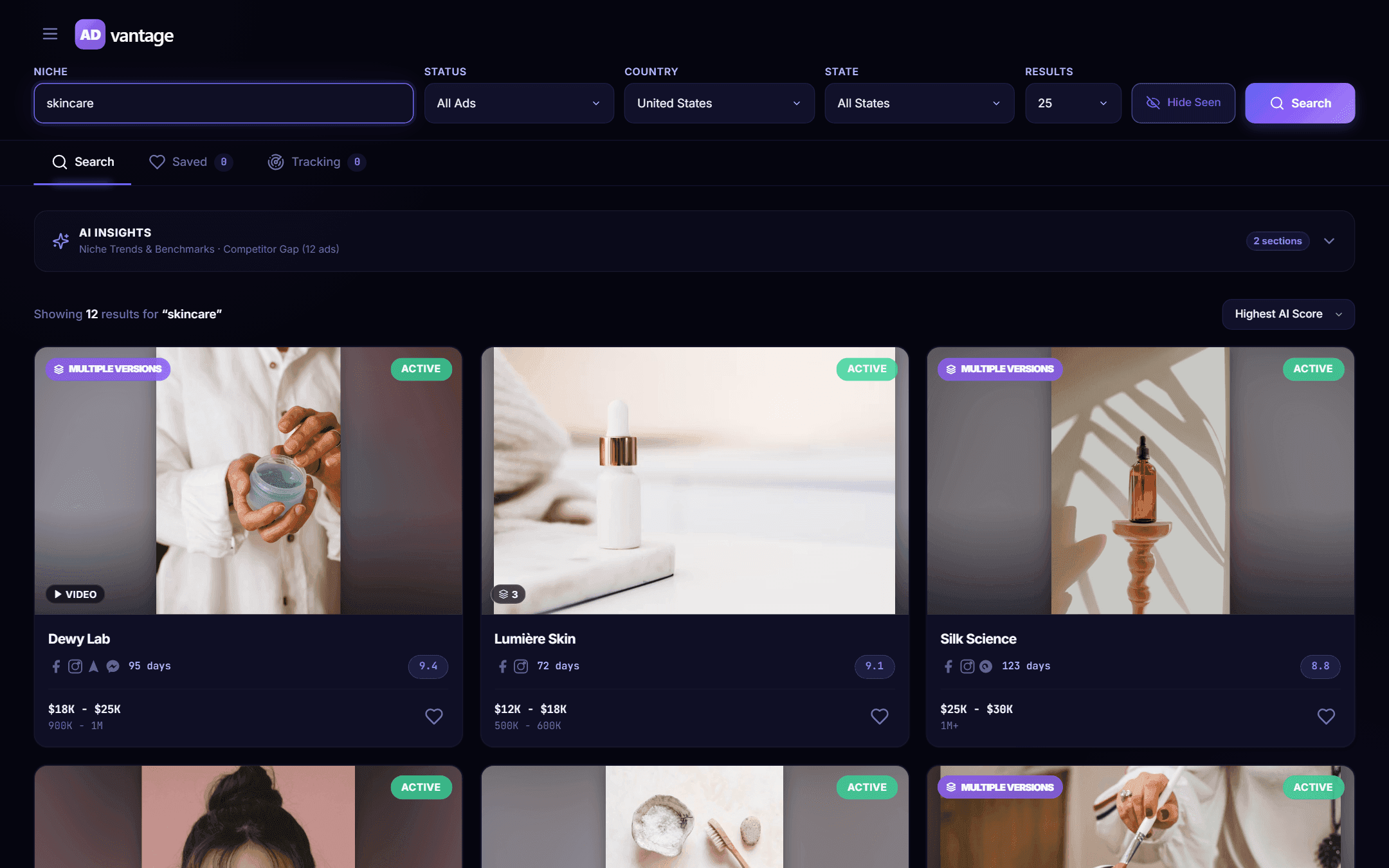 ADvantage: Search results — every ad in the niche, ranked by AI score