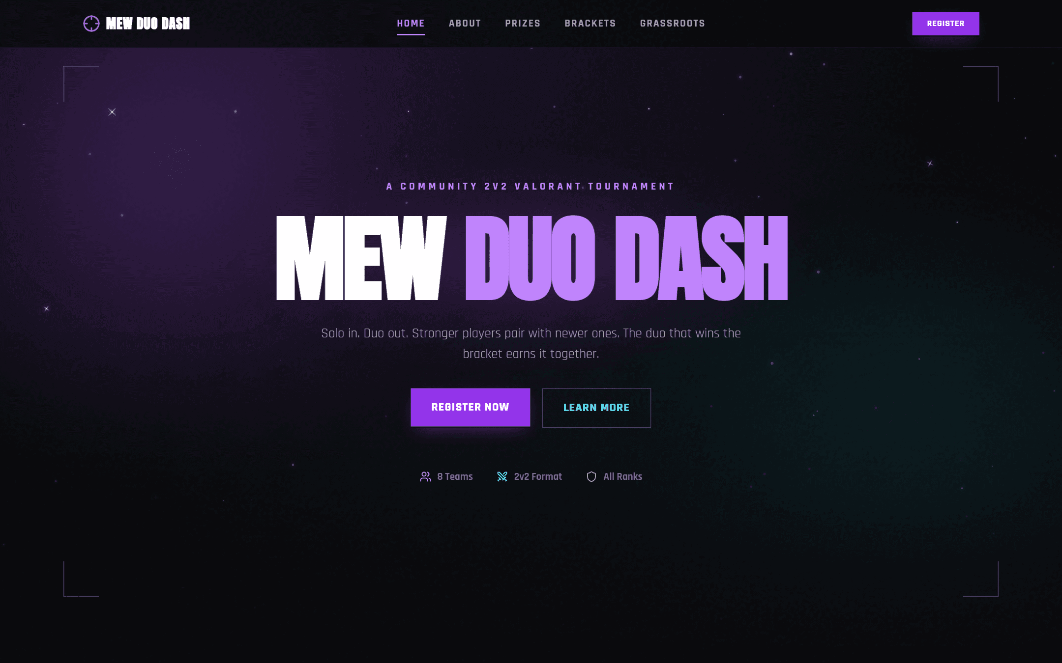 Mew Duo Dash: Home — chrome-outline title, particles and live registration stats